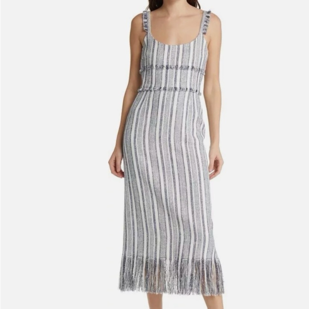 La Ligne “Jordan Dress” size 0, blue and white stripes with fringe!